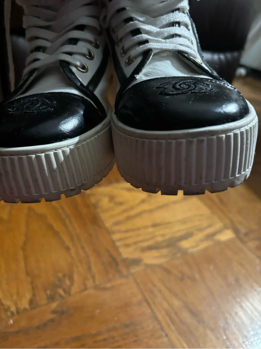 CHANEL White and Black Logo High-Top Sneakers